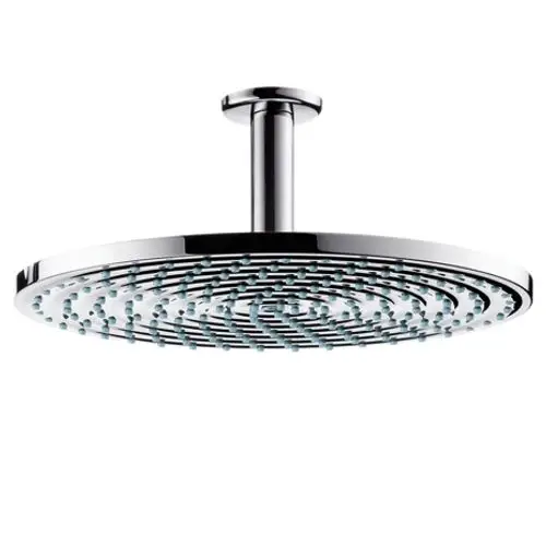Duschkopf von Hansgrohe, rund mit vielen Düsen in spiralförmiger Anordnung, montiert an Decke, in glänzendem Chrom.